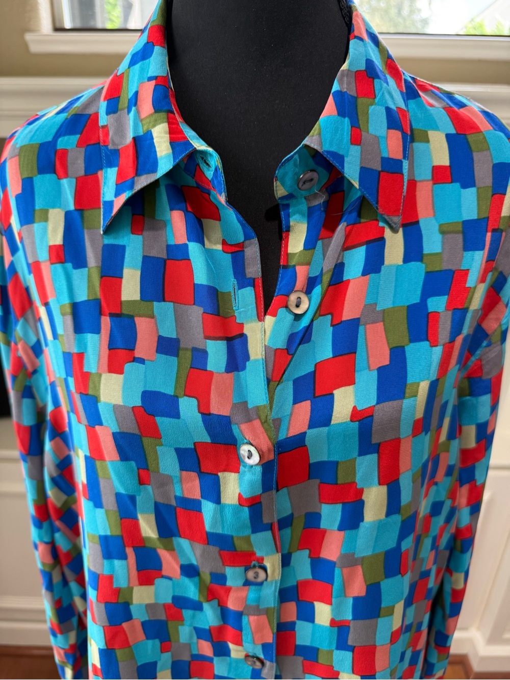 SILK Unique Multicolor Long Sleeve Top Sz 16 Geometric Button-Up Women’s Shirt